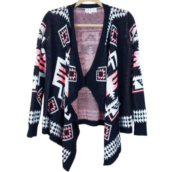 Pink Rose Aztec Black Asymmetrical Open Front Cardigan Women's Size S - Picture 1 of 5